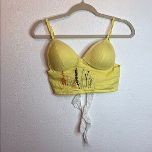 Lotus Linen Yellow Cottagecore Embroidered Flower Cropped Corset Top Size Medium